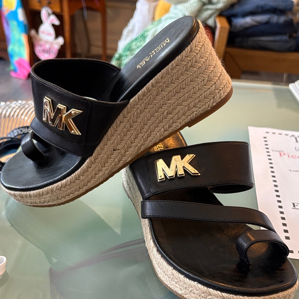 Michael Kors Black Leather Espadrille Wedge Slides with Gold MK Logo